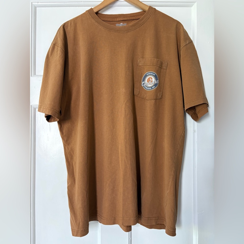 Carhartt Pocket T-Shirt Mens Large Brown 100% Cotton Work Wear Est 1899 Logo